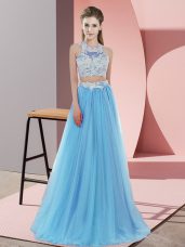 Amazing Floor Length Baby Blue Bridesmaid Dress Tulle Sleeveless Lace