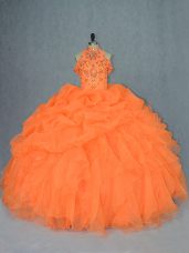 Floor Length Orange Quinceanera Gown High-neck Sleeveless Lace Up