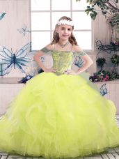 Super Yellow Green Sleeveless Floor Length Beading and Ruffles Lace Up Little Girls Pageant Gowns
