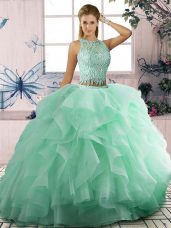 Ball Gowns 15 Quinceanera Dress Apple Green Scoop Tulle Sleeveless Floor Length Lace Up