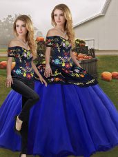 Sexy Sleeveless Floor Length Embroidery Lace Up Quinceanera Dress with Royal Blue