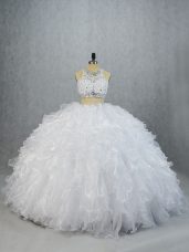Lace Up Quinceanera Gowns White for Sweet 16 and Quinceanera with Beading and Ruffles Brush Train