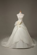 Court Train Ball Gowns Wedding Dresses White High-neck Organza Sleeveless Zipper