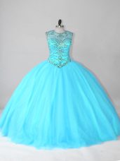 Aqua Blue Ball Gowns Tulle Scoop Sleeveless Beading Floor Length Lace Up Ball Gown Prom Dress
