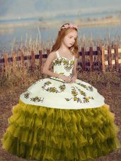 Olive Green Ball Gowns Straps Sleeveless Organza Floor Length Lace Up Embroidery and Ruffles Little Girls Pageant Dress