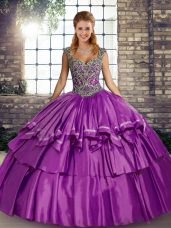 Fancy Purple Ball Gowns Beading and Ruffled Layers Ball Gown Prom Dress Lace Up Taffeta Sleeveless Floor Length