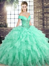 Discount Apple Green Sleeveless Brush Train Beading and Ruffles Quinceanera Gown