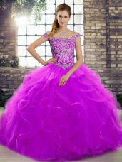 Purple Tulle Lace Up Quince Ball Gowns Sleeveless Brush Train Beading and Ruffles