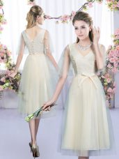 Tulle Sleeveless Tea Length Damas Dress and Lace and Bowknot