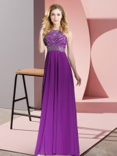 Purple Sleeveless Floor Length Beading Backless Homecoming Dress