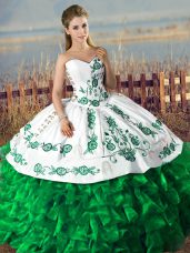 Dark Green Ball Gowns Satin and Organza Sweetheart Embroidery and Ruffles Lace Up Quinceanera Gown