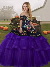 Great Black And Purple Tulle Lace Up Off The Shoulder Sleeveless Quinceanera Gown Brush Train Embroidery and Ruffled Layers