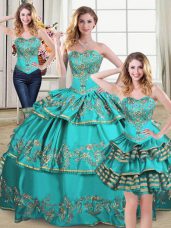 Edgy Embroidery and Ruffled Layers Ball Gown Prom Dress Aqua Blue Lace Up Sleeveless Floor Length