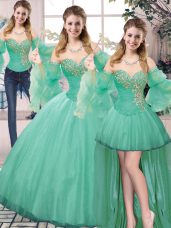Deluxe Turquoise Three Pieces Tulle Sweetheart Sleeveless Beading Floor Length Lace Up Vestidos de Quinceanera