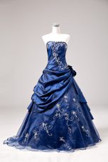 One Shoulder Sleeveless Lace Up Embroidery and Hand Made Flower 15th Birthday Dress in Blue