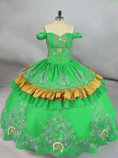 Green Satin Lace Up Off The Shoulder Sleeveless Floor Length Quinceanera Gowns Embroidery