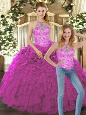 Attractive Sleeveless Floor Length Beading and Ruffles Lace Up Quinceanera Gowns with Fuchsia
