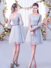 Fashionable Scoop Half Sleeves Tulle Wedding Guest Dresses Lace Lace Up