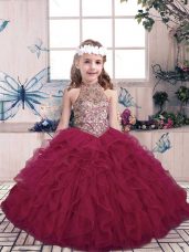 Fuchsia Tulle Lace Up Pageant Dresses Sleeveless Floor Length Beading and Ruffles