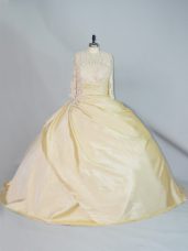 Yellow Long Sleeves Brush Train Lace Quinceanera Dress