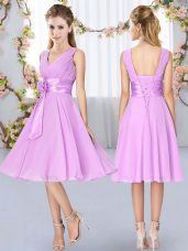 Flirting Knee Length Lilac Wedding Party Dress V-neck Sleeveless Lace Up