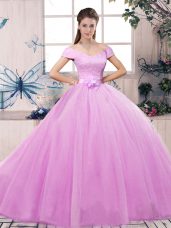 Lilac Tulle Lace Up Quinceanera Dress Short Sleeves Floor Length Lace and Hand Made Flower