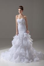 Organza Sweetheart Sleeveless Brush Train Lace Up Beading and Ruffled Layers Wedding Dresses in White