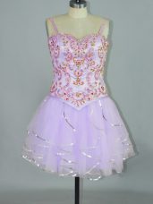 Classical Lavender Lace Up Spaghetti Straps Beading and Ruffles Dress for Prom Tulle Sleeveless