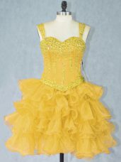 Lovely Organza Straps Sleeveless Lace Up Beading and Ruffled Layers Glitz Pageant Dress in Gold