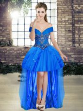 Custom Fit Blue Sleeveless Tulle Lace Up Evening Gowns for Prom and Party
