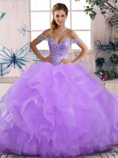 Cute Floor Length Lace Up Ball Gown Prom Dress Lavender for Sweet 16 and Quinceanera with Beading and Ruffles
