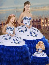 Enchanting Royal Blue Sweetheart Neckline Embroidery and Ruffled Layers and Bowknot Quince Ball Gowns Sleeveless Lace Up