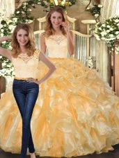 Gold Two Pieces Organza Scoop Sleeveless Lace and Ruffles Floor Length Clasp Handle Quince Ball Gowns