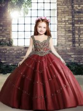 Custom Designed Ball Gowns Pageant Gowns For Girls Red Straps Tulle Sleeveless Floor Length Lace Up