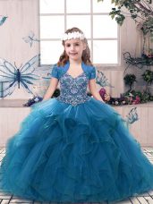 Trendy Floor Length Blue Custom Made Pageant Dress Straps Sleeveless Lace Up