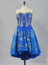 Blue Lace Up Homecoming Dress Sleeveless Mini Length Embroidery
