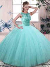 Decent Aqua Blue Scoop Lace Up Beading Quince Ball Gowns Sleeveless
