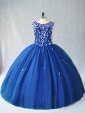 Blue Sleeveless Tulle Lace Up Quince Ball Gowns for Sweet 16 and Quinceanera