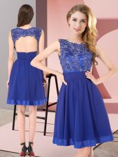 Inexpensive Royal Blue Chiffon Backless Dama Dress for Quinceanera Sleeveless Mini Length Beading and Appliques