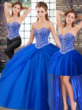 Glittering Royal Blue Tulle Lace Up Ball Gown Prom Dress Sleeveless Brush Train Beading and Pick Ups