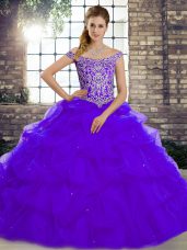 Pretty Purple Lace Up Quince Ball Gowns Beading and Pick Ups Sleeveless Brush Train