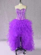 Elegant Beading and Ruffles Formal Evening Gowns Purple Lace Up Sleeveless High Low