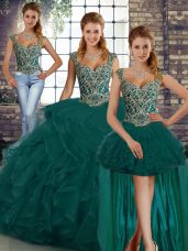 Sweet Tulle Straps Sleeveless Lace Up Beading and Ruffles Quinceanera Dresses in Peacock Green
