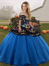 Ball Gowns Quinceanera Dresses Blue And Black Off The Shoulder Tulle Sleeveless Floor Length Lace Up