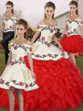 White And Red Sleeveless Organza Lace Up 15 Quinceanera Dress for Military Ball and Sweet 16 and Quinceanera