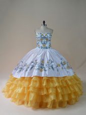 Yellow And White Sweetheart Neckline Embroidery and Ruffled Layers Quinceanera Gowns Sleeveless Lace Up