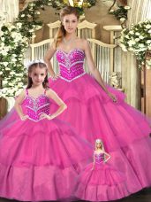 Hot Pink Sweetheart Neckline Beading Quinceanera Dress Sleeveless Lace Up