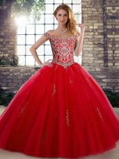 Red Lace Up Sweet 16 Quinceanera Dress Beading Sleeveless Floor Length