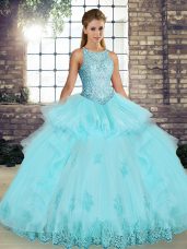 Tulle Scoop Sleeveless Lace Up Lace and Embroidery and Ruffles Quinceanera Gown in Aqua Blue