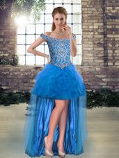 Great Blue Sleeveless High Low Beading and Ruffles Lace Up Homecoming Dresses